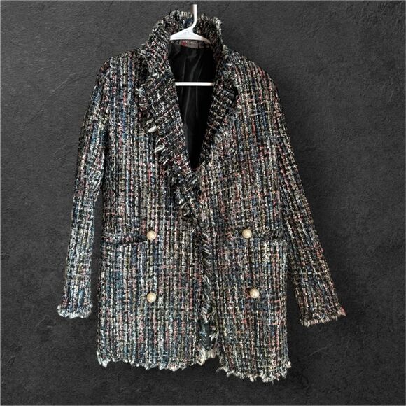 SANS SOUCI Womens sz S Tweed Metallic Fringe Woven Pearly Button Blazer Preppy - Picture 7 of 7